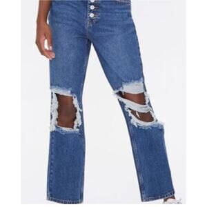 Forever 21 Womens Destroyed Knees Denim Dark Wash‎ Mom Jeans Size 27 New